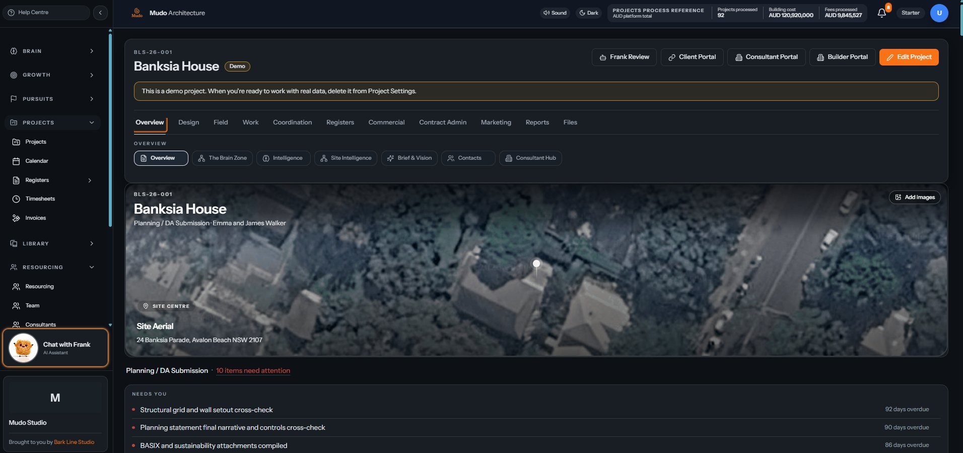 A Project Pod open in Mudo, showing its Overview, Design, Field, Work, Coordination, Registers, Commercial and Contract Admin tabs above a site aerial and a list of items needing attention.
